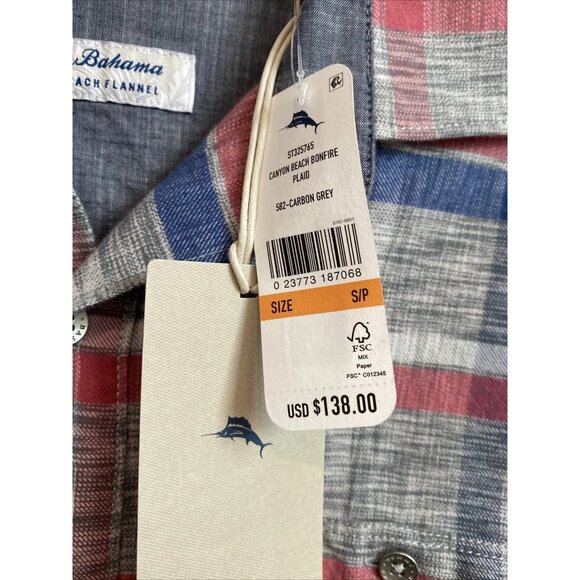 Tommy Bahama Canyon Beach Bonfire Plaid Flannel Shirt Men’s Small Carbon Grey - Picture 7 of 7